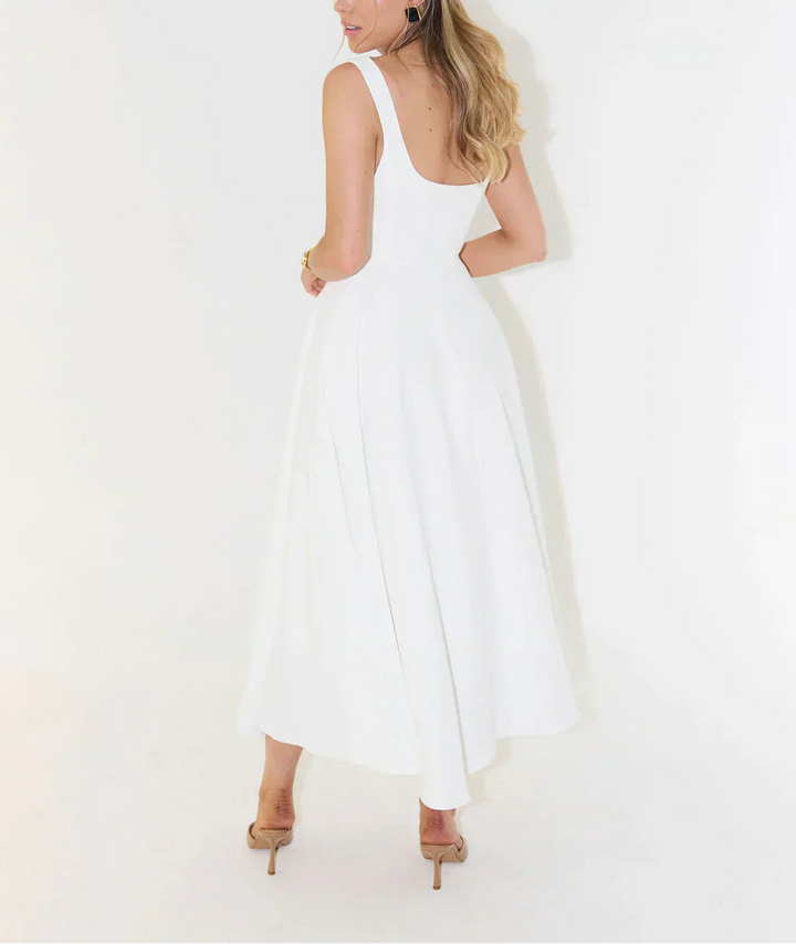 Women's Midi Dress with Square Neck and Flared Skirt