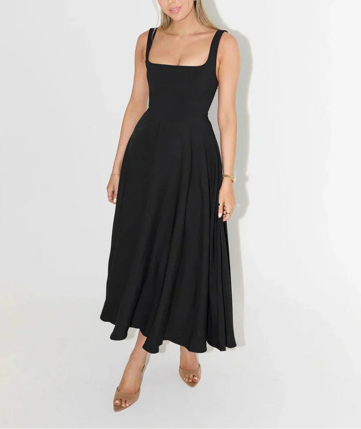 Women's Midi Dress with Square Neck and Flared Skirt
