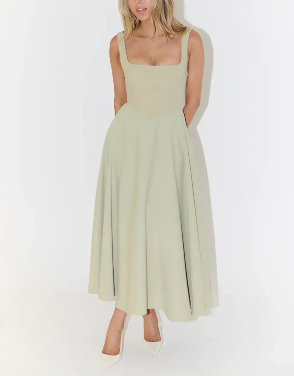 Women's Midi Dress with Square Neck and Flared Skirt