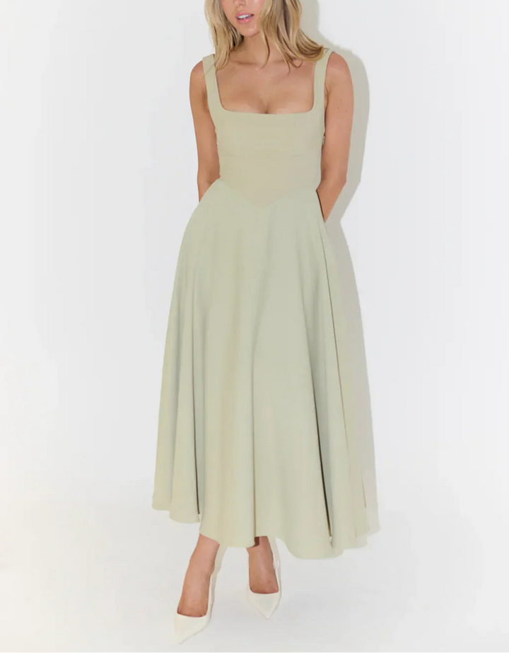 Women's Midi Dress with Square Neck and Flared Skirt