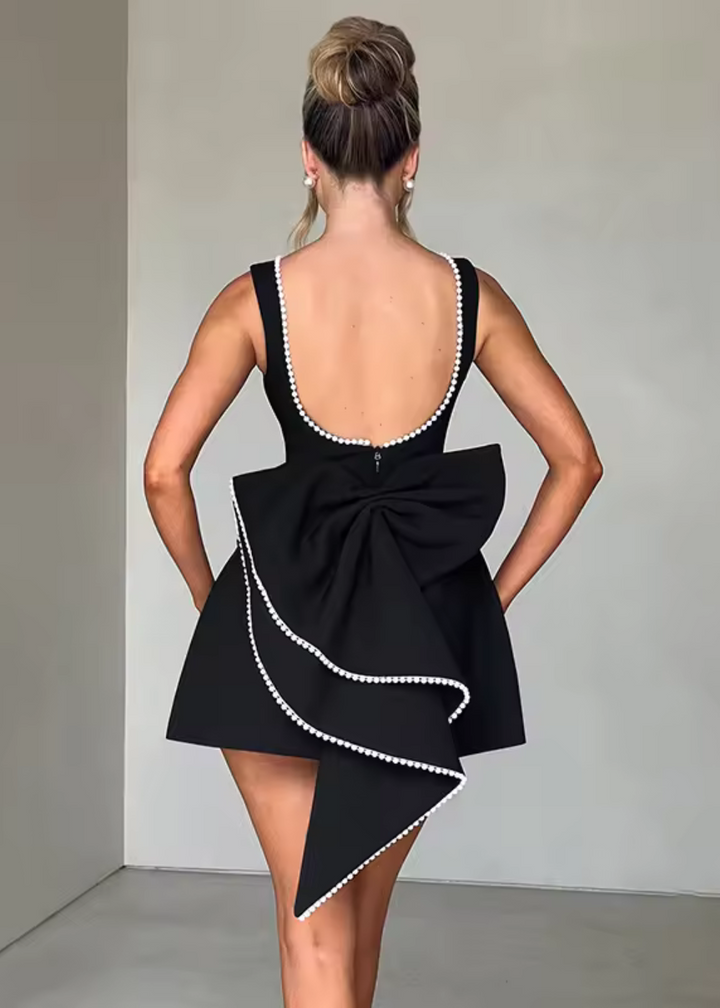 Women’s Mini Dress with Pearl Trim and Back Bow