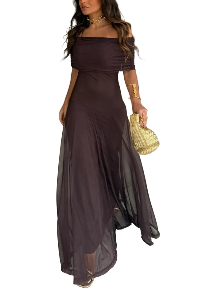 Women's Off Shoulder Chiffon Maxi Dress with Draped Bodice and Flowing Skirt