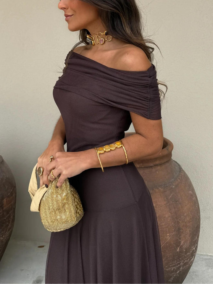 Women's Off Shoulder Chiffon Maxi Dress with Flowing Shape