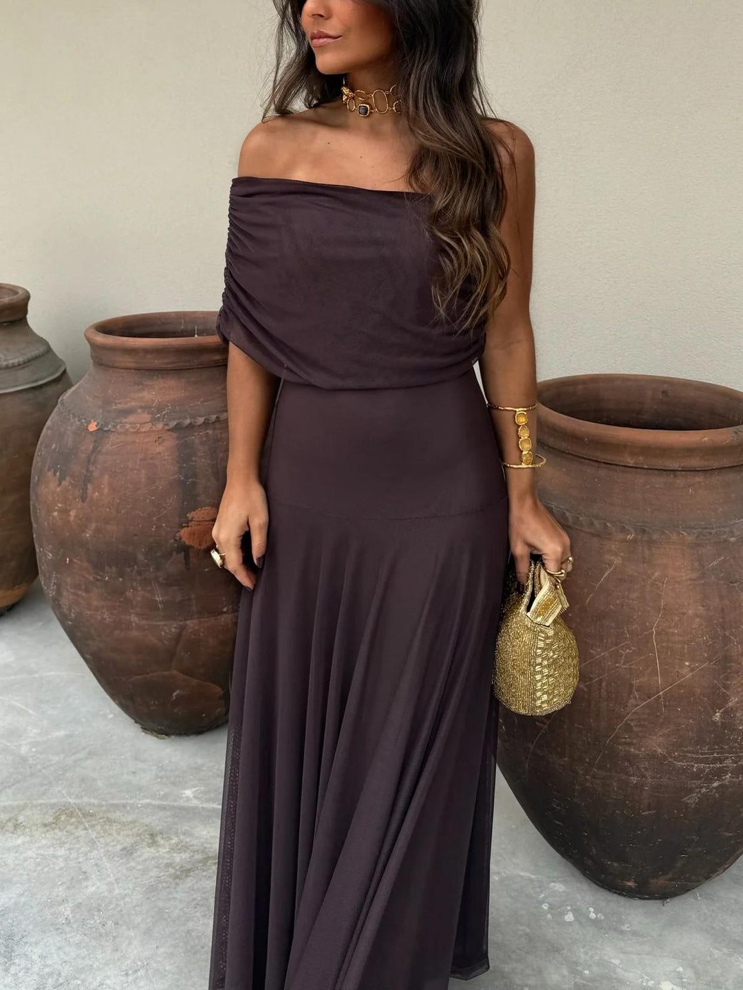 Women's Off Shoulder Chiffon Maxi Dress with Flowing Shape
