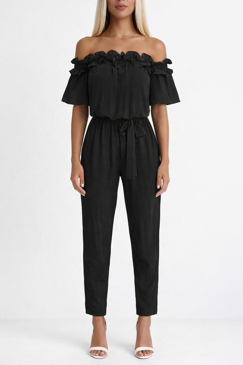 Women's Off Shoulder Frill Jumpsuit with Waist Tie