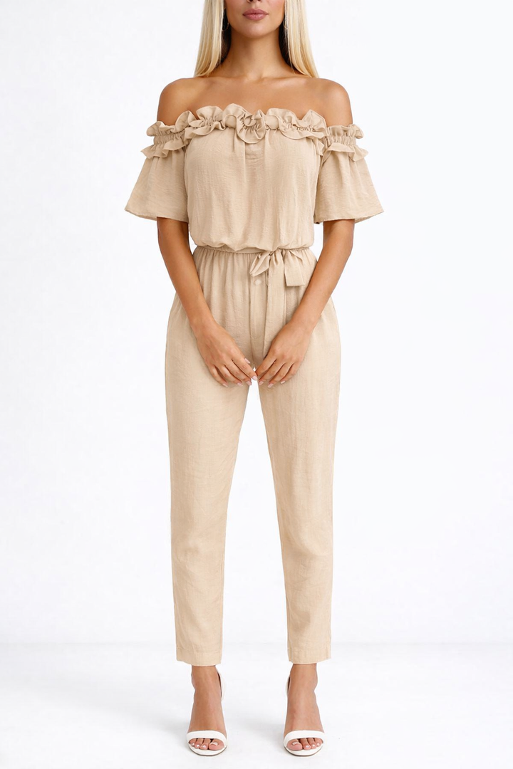 Women's Off Shoulder Frill Jumpsuit with Waist Tie