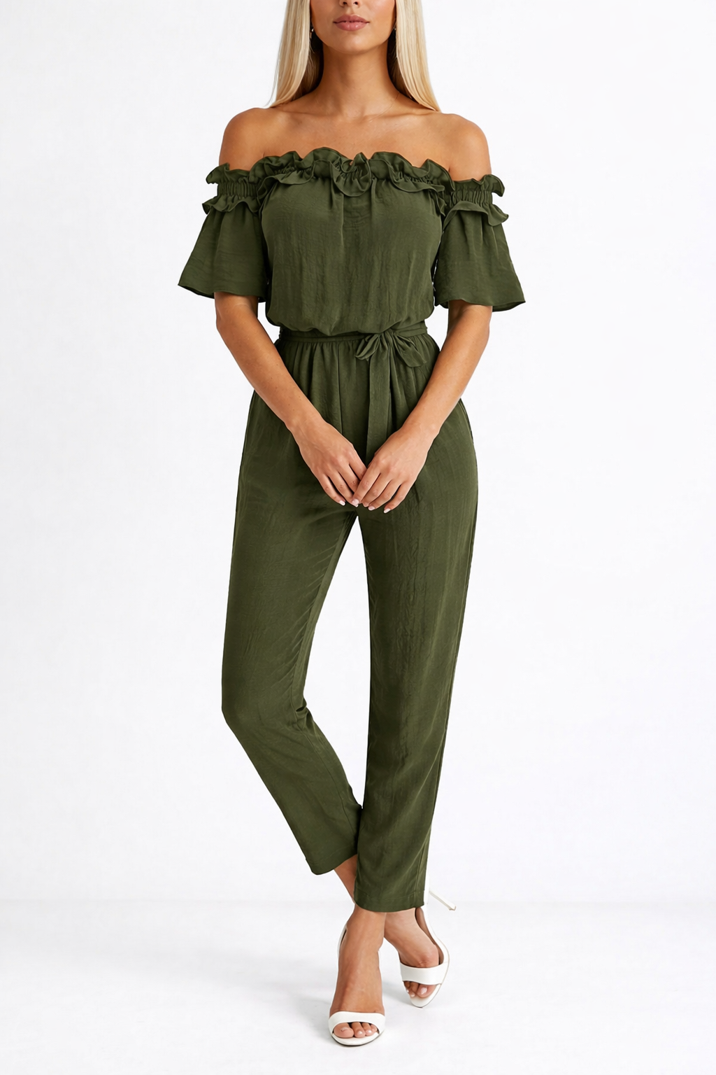 Women's Off Shoulder Frill Jumpsuit with Waist Tie