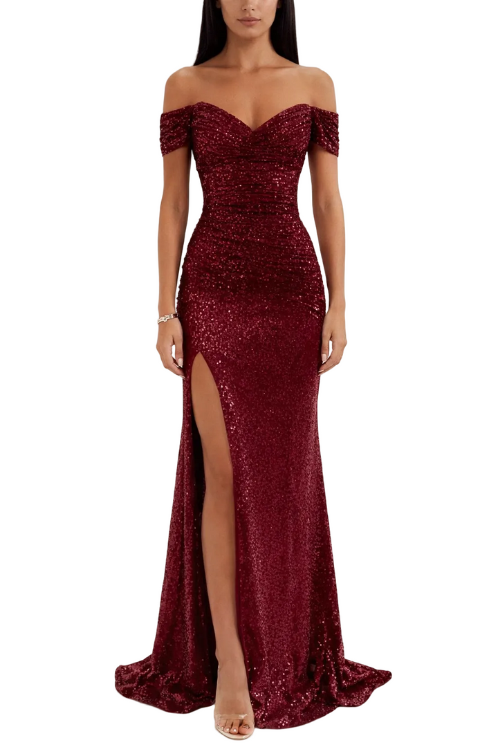 Women's Off Shoulder Sequin Maxi Dress with Side Slit
