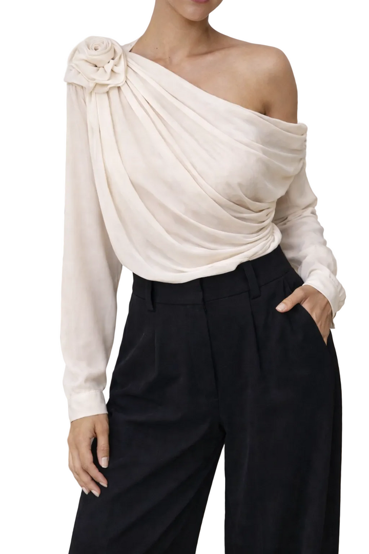Women's One Shoulder Long Sleeve Blouse with Draped Rose Detail
