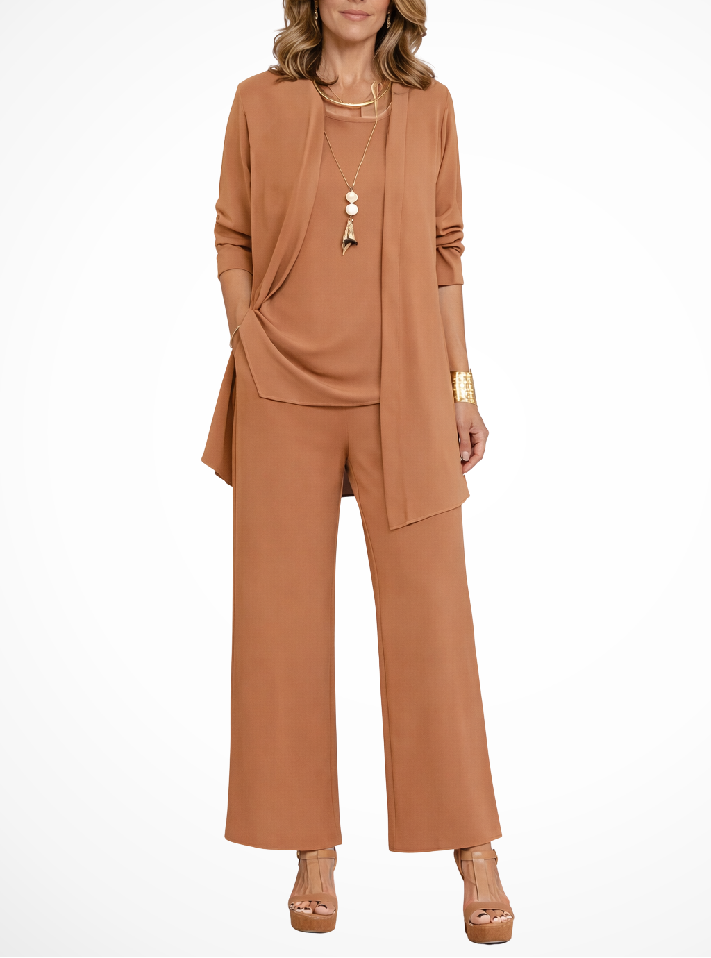 Women's Open Front Cardigan Top and Wide Leg Trousers Three Piece Set