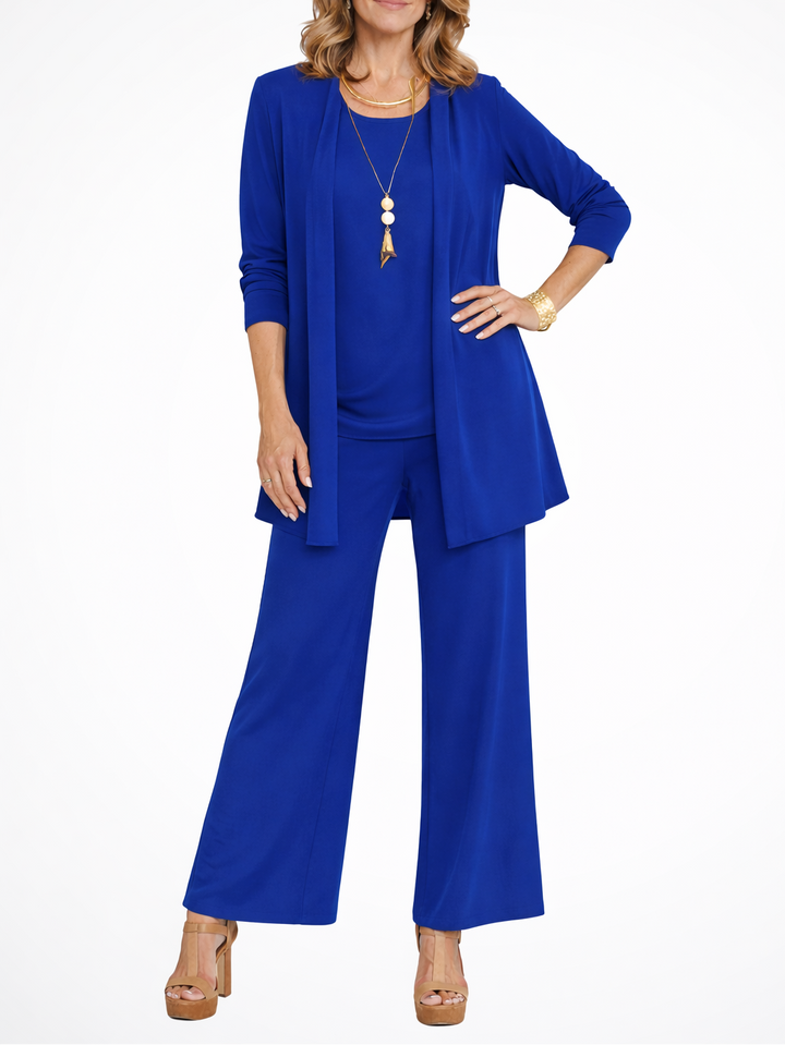 Women's Open Front Cardigan Top and Wide Leg Trousers Three Piece Set