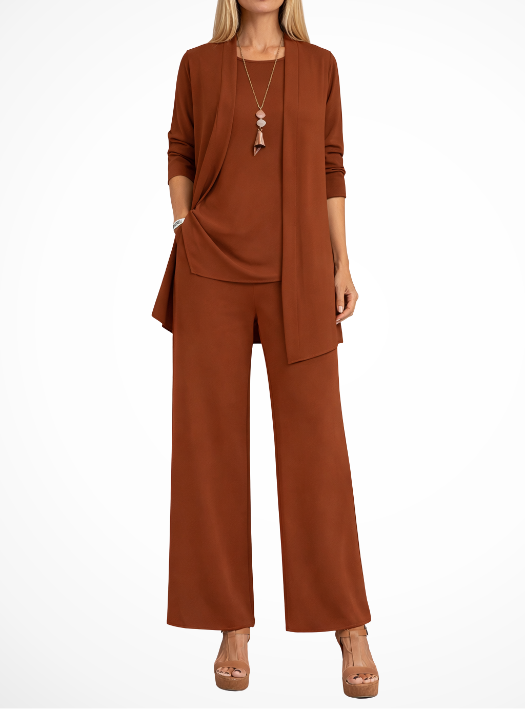 Women's Open Front Cardigan Top and Wide Leg Trousers Three Piece Set
