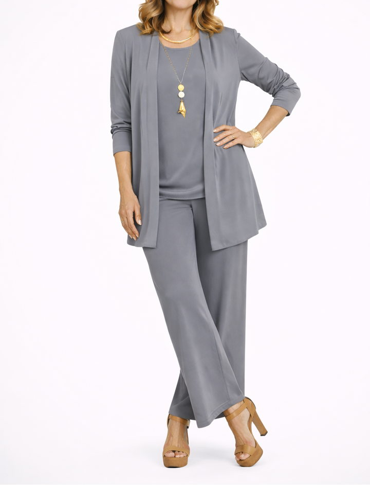 Women's Open Front Cardigan Top and Wide Leg Trousers Three Piece Set