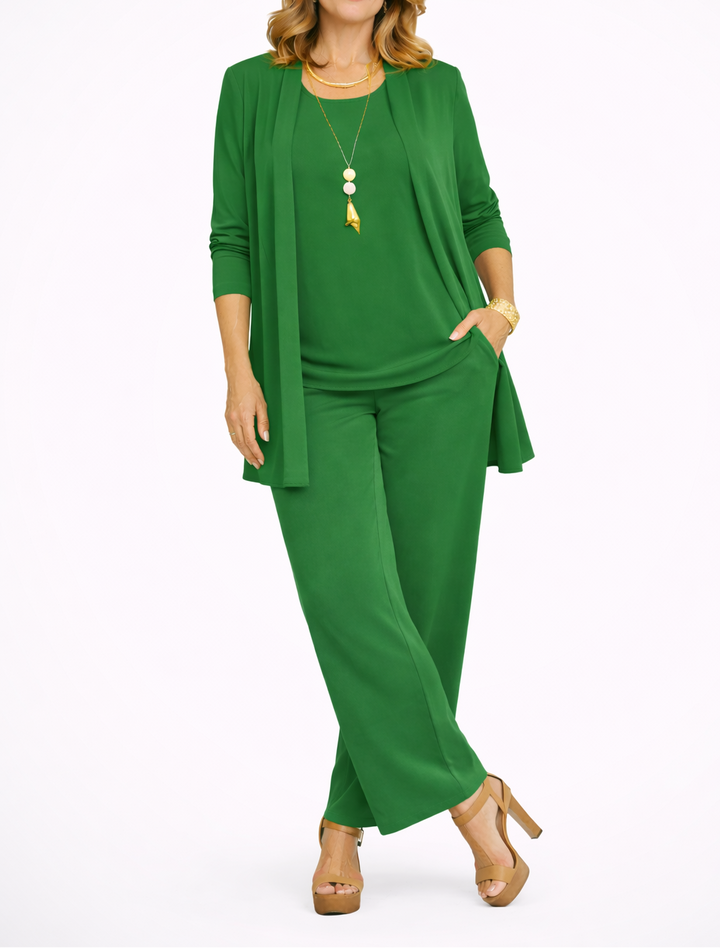 Women's Open Front Cardigan Top and Wide Leg Trousers Three Piece Set