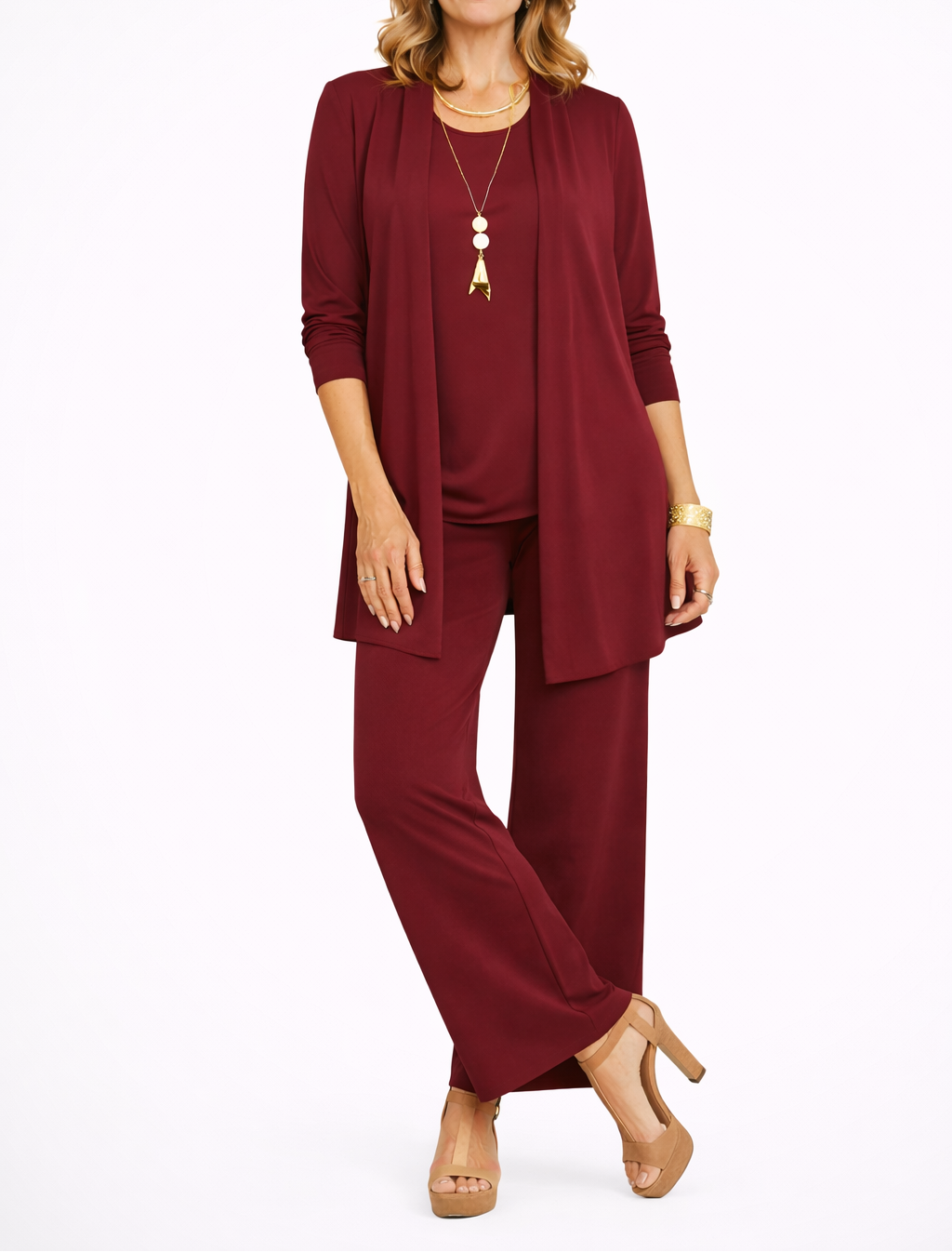 Women's Open Front Cardigan Top and Wide Leg Trousers Three Piece Set