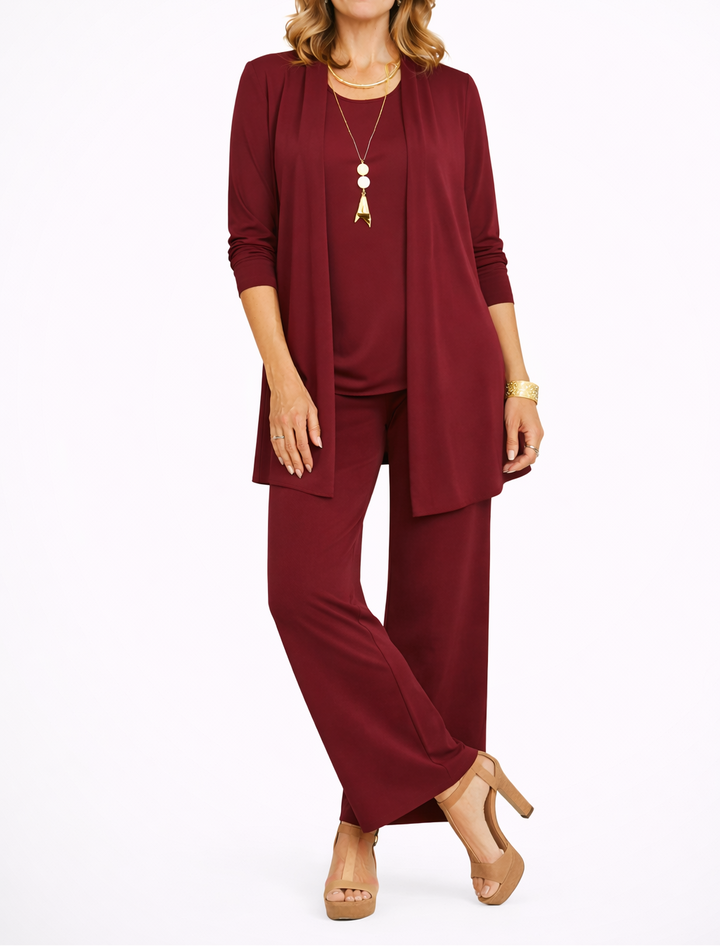 Women's Open Front Cardigan Top and Wide Leg Trousers Three Piece Set