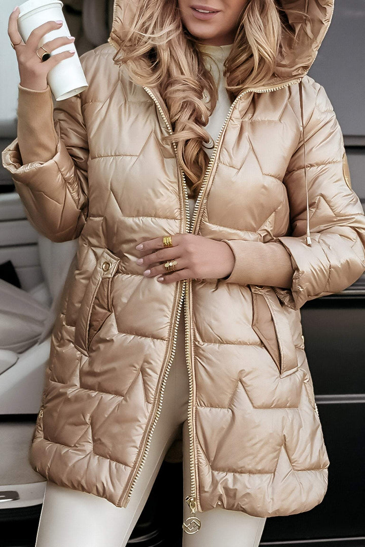 Women's Padded Hooded Long Jacket With Quilted Body Design