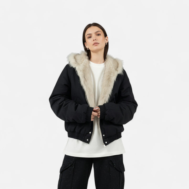 Women’s Padded Short Jacket with Fur Collar and Hood