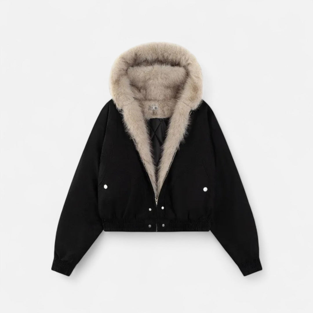 Women’s Padded Short Jacket with Fur Collar and Hood