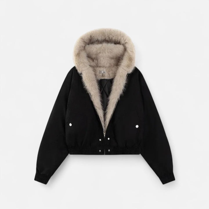 Women’s Padded Short Jacket with Fur Collar and Hood