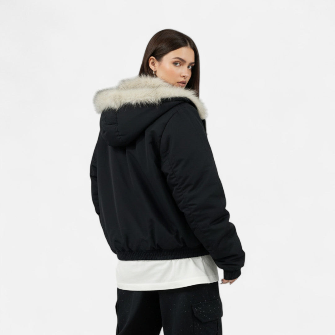 Women’s Padded Short Jacket with Fur Collar and Hood