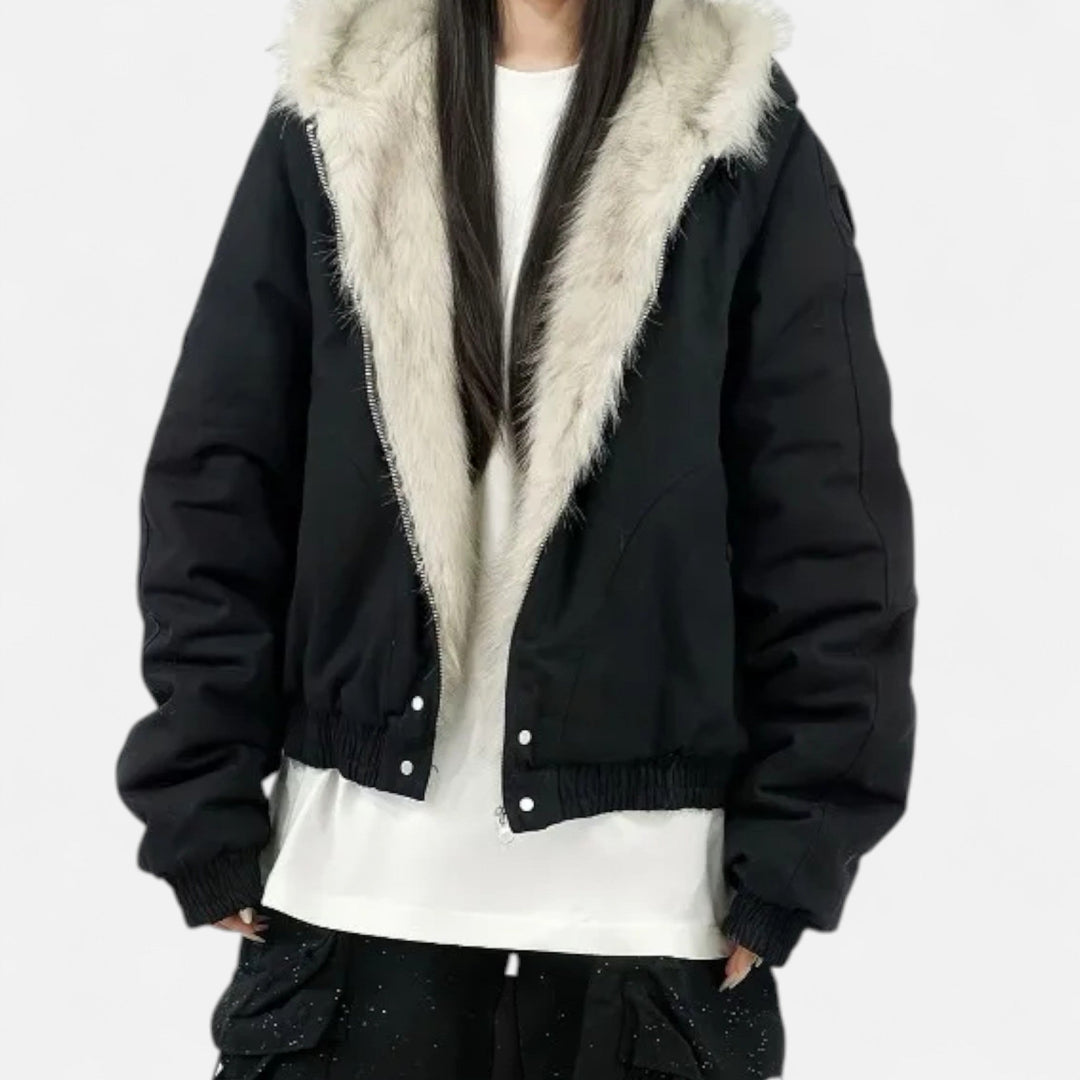 Women’s Padded Short Jacket with Fur Collar and Hood