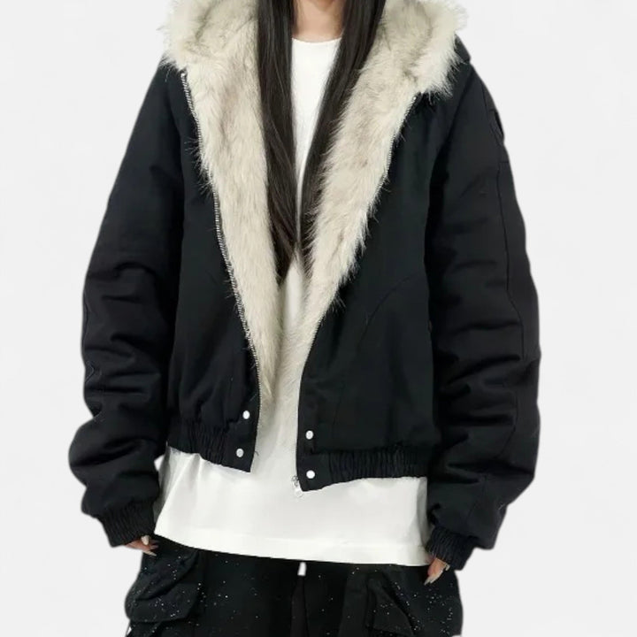Women’s Padded Short Jacket with Fur Collar and Hood