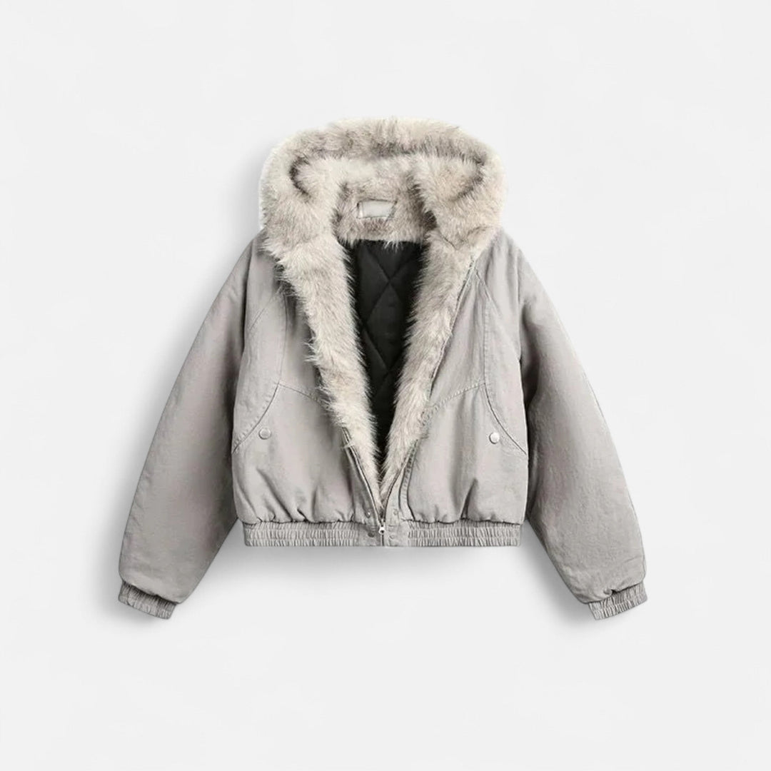 Women’s Padded Short Jacket with Fur Collar and Hood