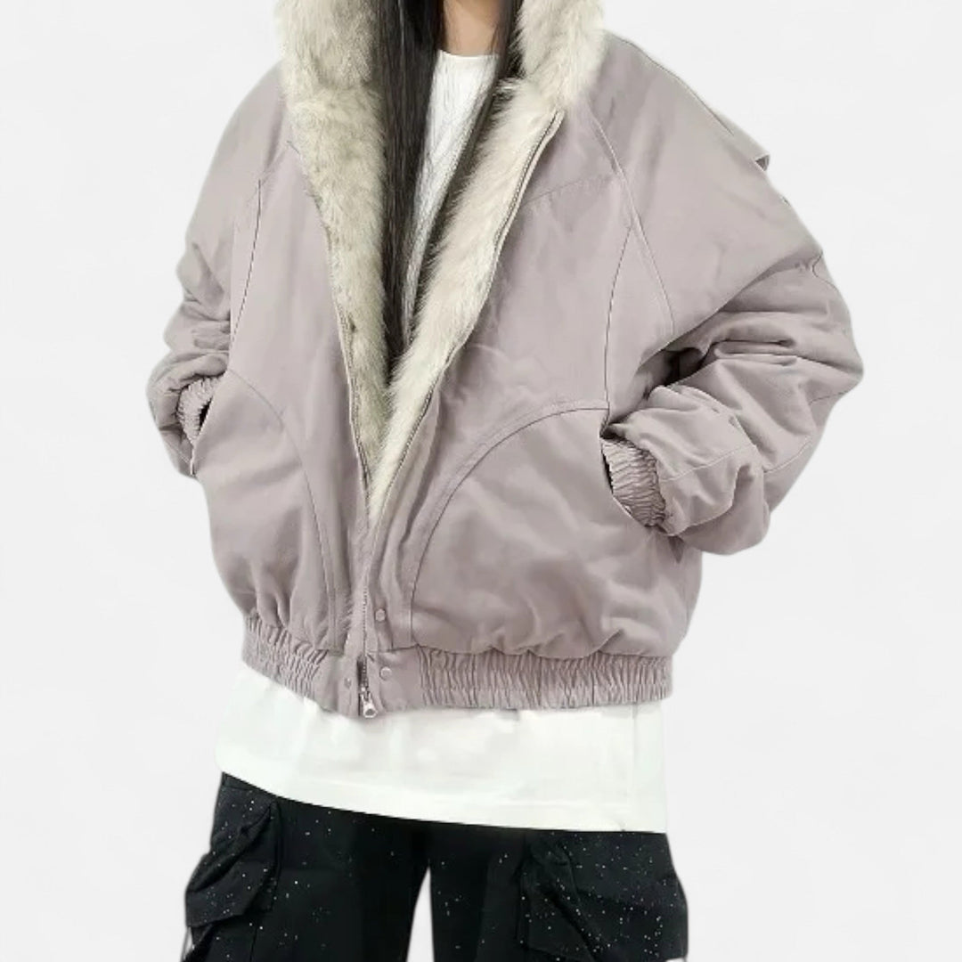 Women’s Padded Short Jacket with Fur Collar and Hood