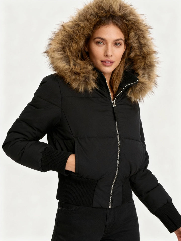 Women's Padded Winter Short Jacket with Fur Hood