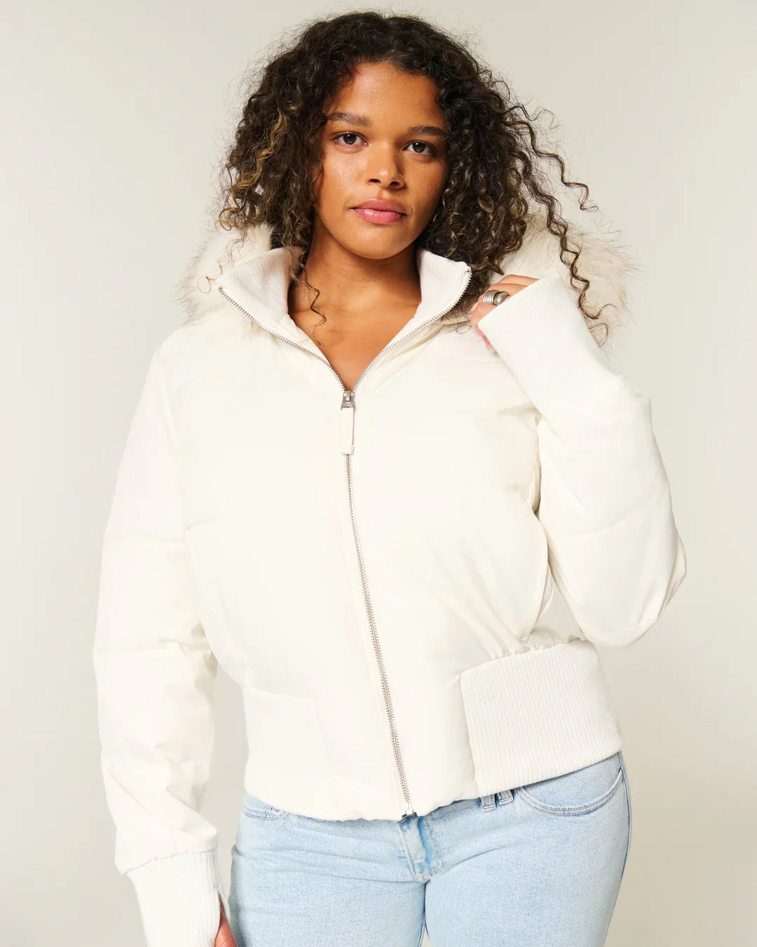 Women's Padded Winter Short Jacket with Fur Hood