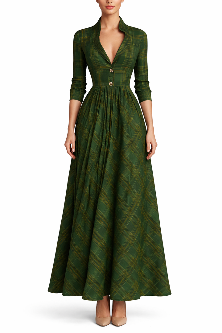 Women's Plaid Maxi Dress with Collar Neck and Buttons