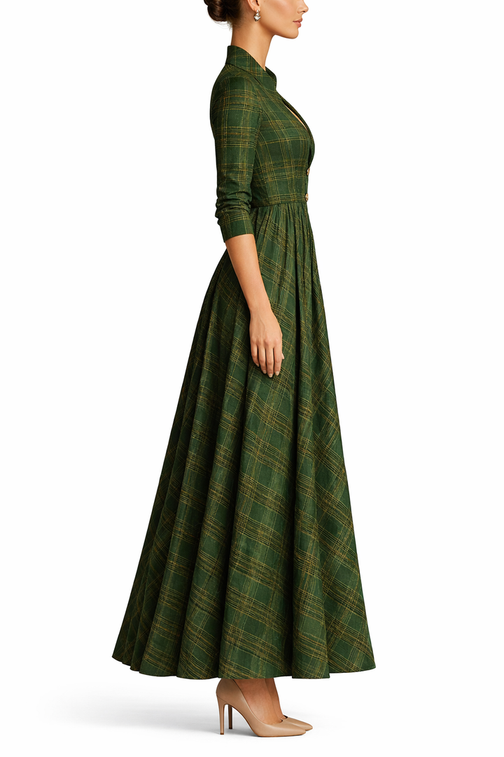 Women's Plaid Maxi Dress with Collar Neck and Buttons