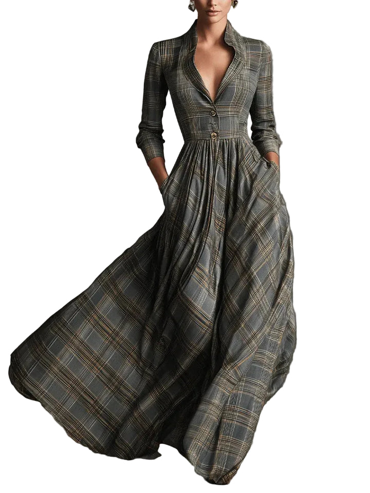 Women's Plaid Maxi Dress with Collar Neck and Buttons