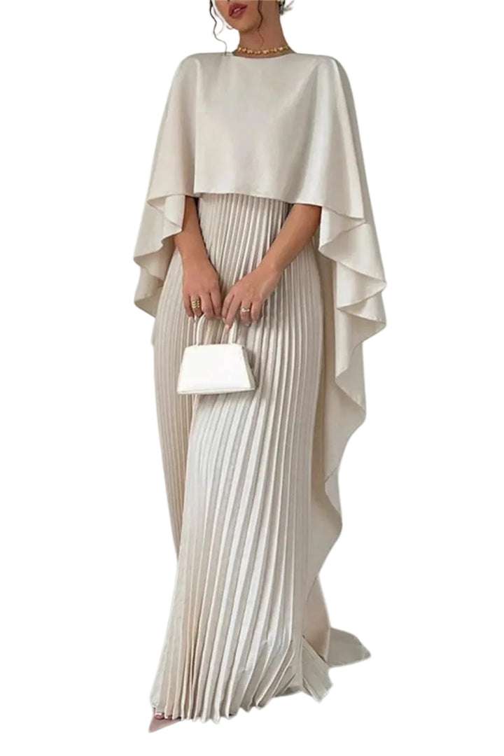 Women's Pleated Maxi Dress with Cape Sleeve and Round Neck