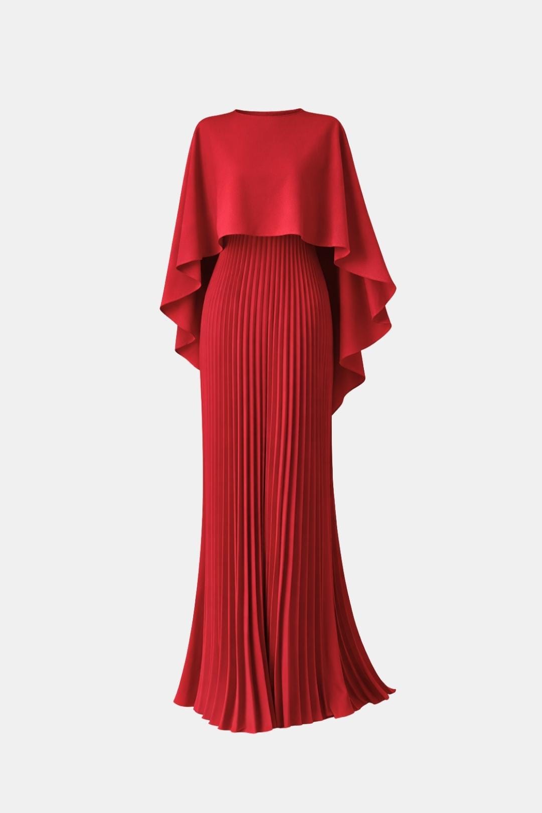 Women's Pleated Maxi Dress with Cape Sleeve and Round Neck