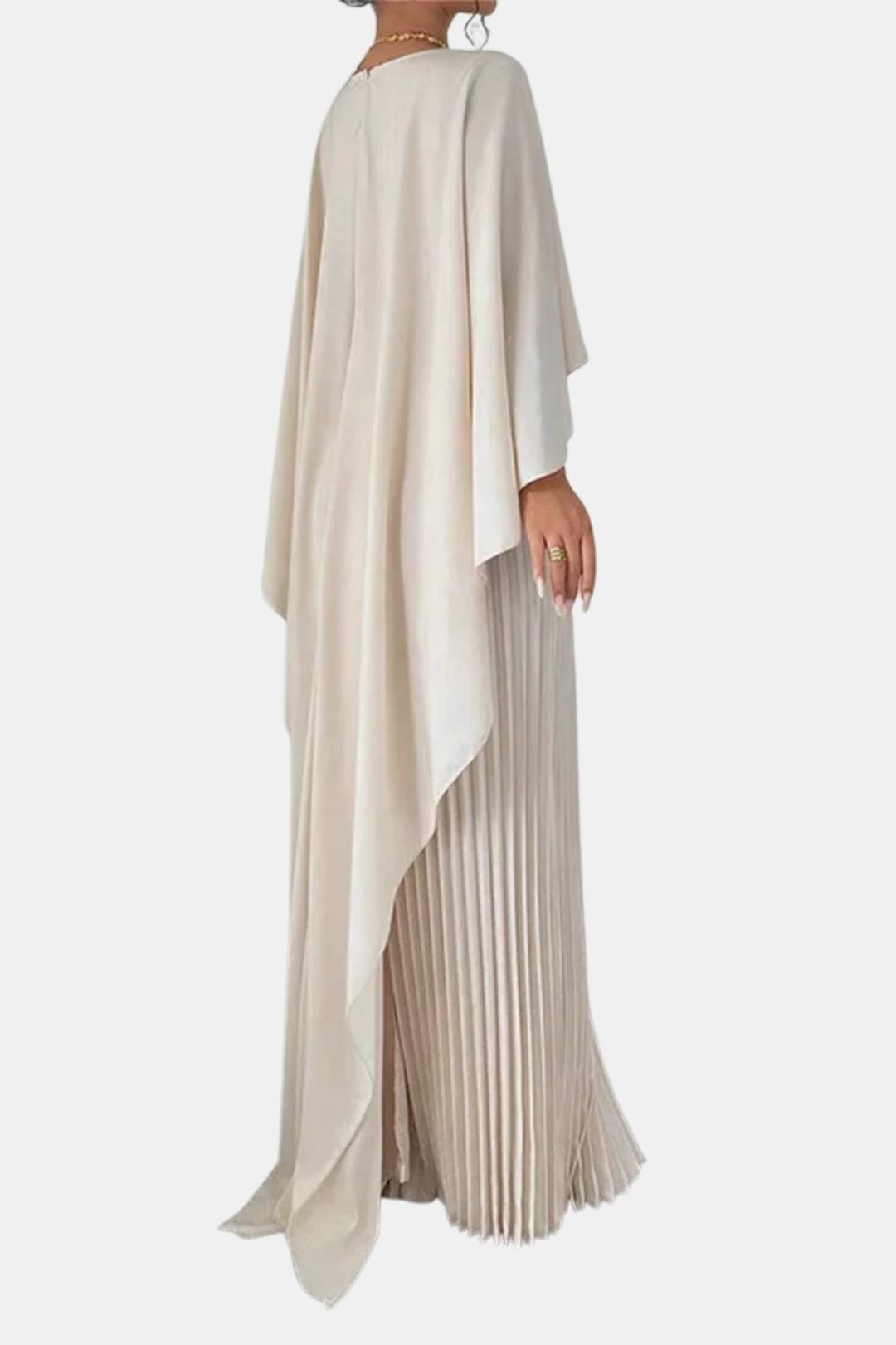 Women's Pleated Maxi Dress with Cape Sleeve and Round Neck