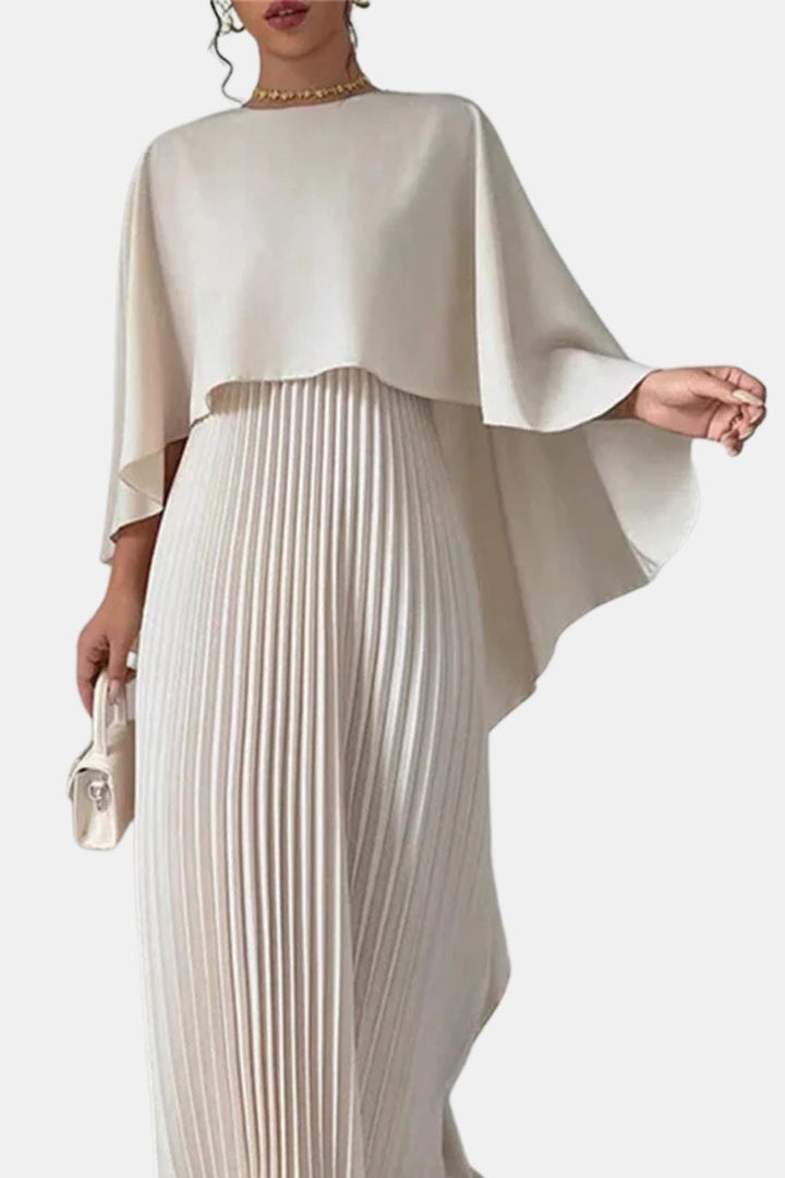 Women's Pleated Maxi Dress with Cape Sleeve and Round Neck