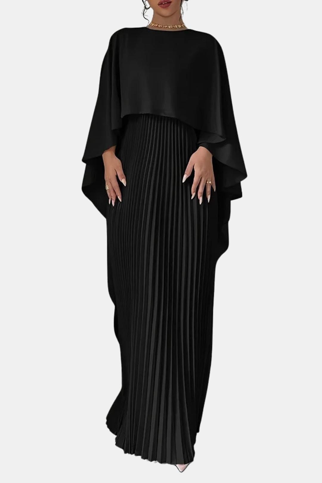 Women's Pleated Maxi Dress with Cape Sleeve and Round Neck