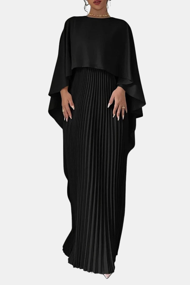 Women's Pleated Maxi Dress with Cape Sleeve and Round Neck