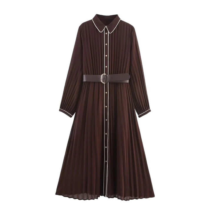 Women’s Pleated Midi Dress with Belt and Button Front