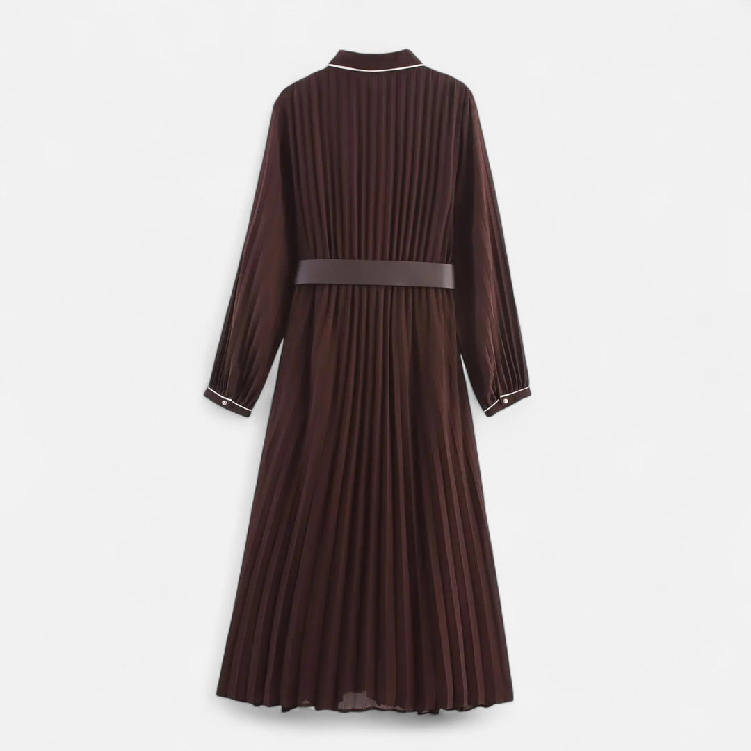 Women’s Pleated Midi Dress with Belt and Button Front