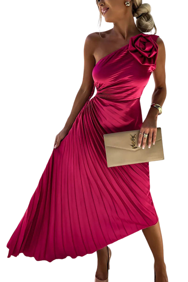 Women's Pleated One Shoulder Midi Dress with Asymmetric Hem