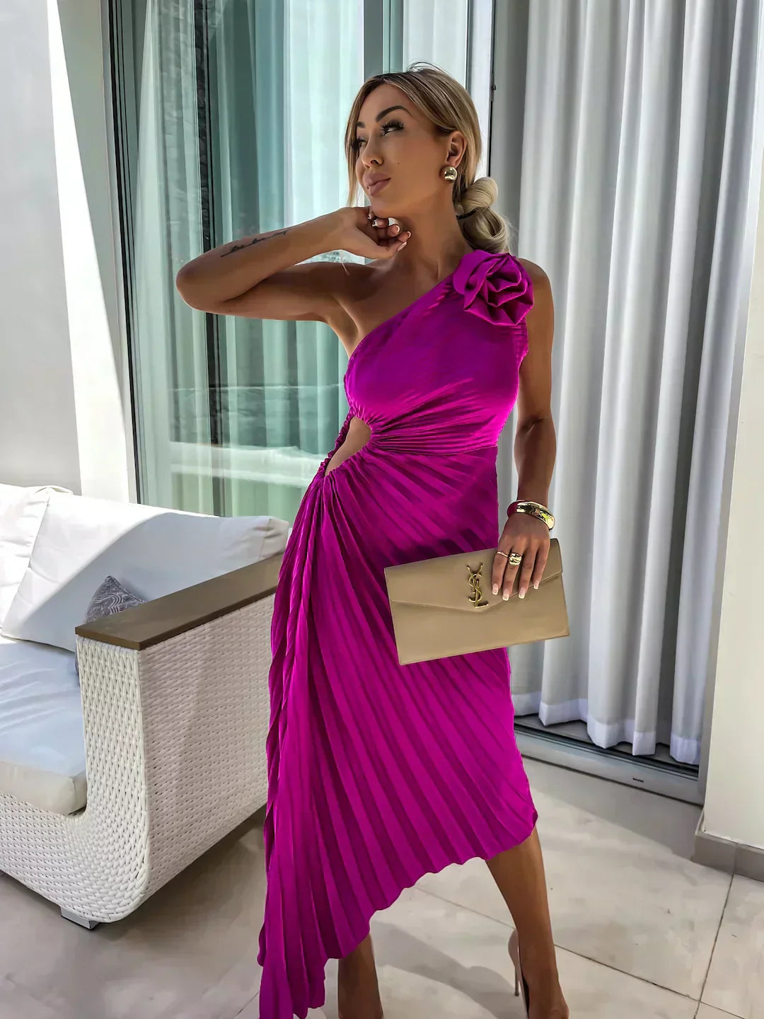 Women's Pleated One Shoulder Midi Dress with Asymmetric Hem