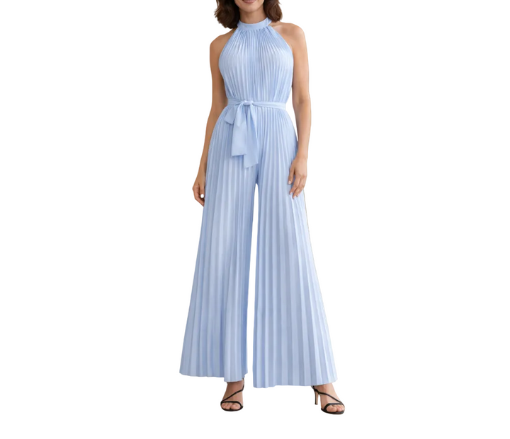 Women’s Pleated Wide Leg Jumpsuit with Halter Neck and Waist Tie