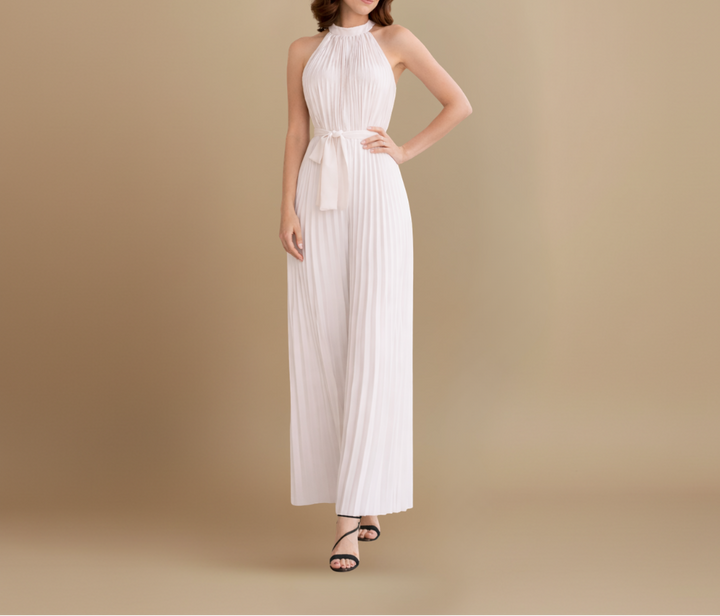 Women’s Pleated Wide Leg Jumpsuit with Halter Neck and Waist Tie