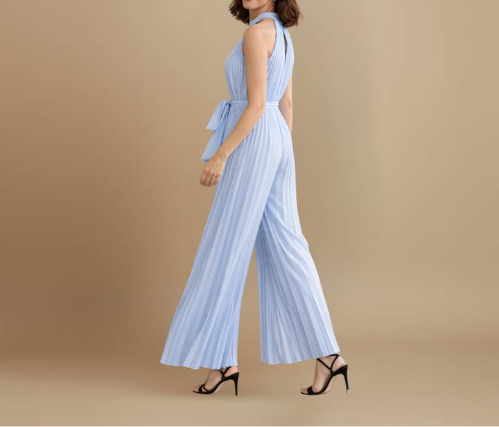 Women’s Pleated Wide Leg Jumpsuit with Halter Neck and Waist Tie