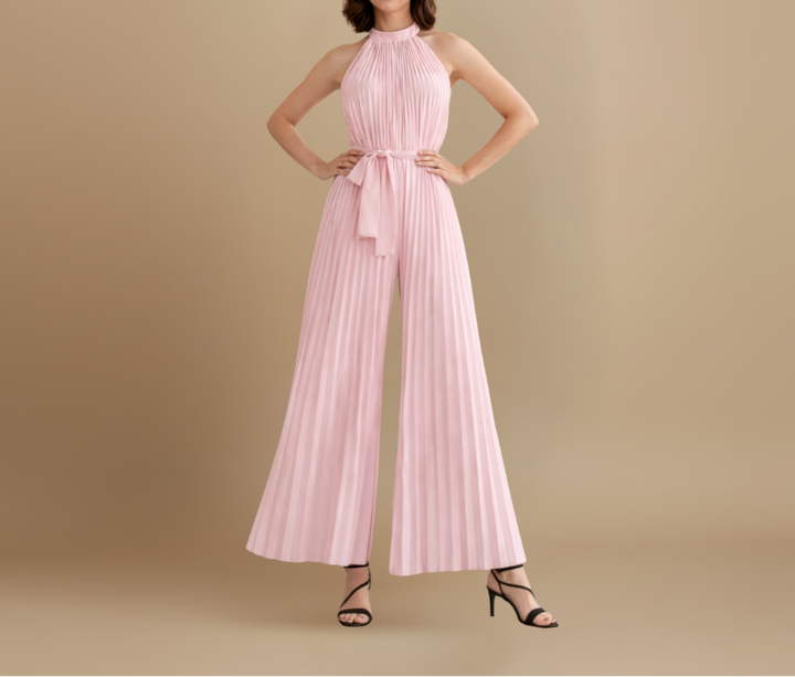 Women’s Pleated Wide Leg Jumpsuit with Halter Neck and Waist Tie