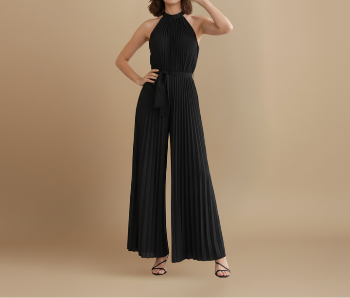 Women’s Pleated Wide Leg Jumpsuit with Halter Neck and Waist Tie