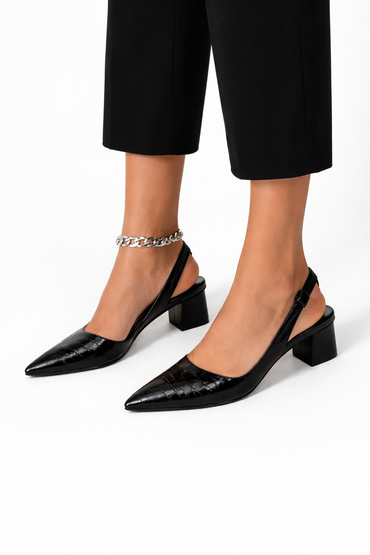 Women's Pointed Toe Block Heel Slingback Shoes with Croc Pattern